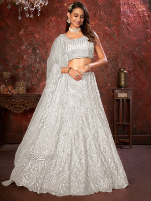 Rajwada White Net Embellished Semi Stitched Lehenga With Unstitched Blouse for Women