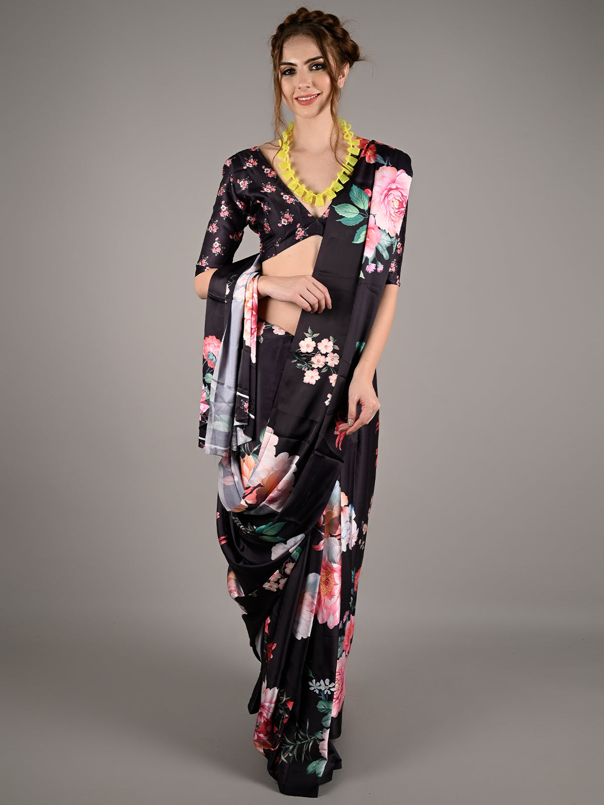 Black Soft Crepe Digital Floral Print Saree With Unstitched Blouse