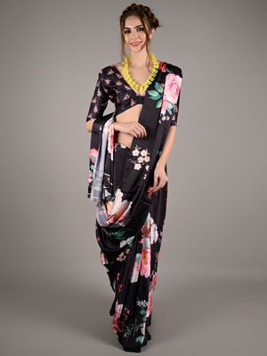 Black Soft Crepe Digital Floral Print Saree With Unstitched Blouse