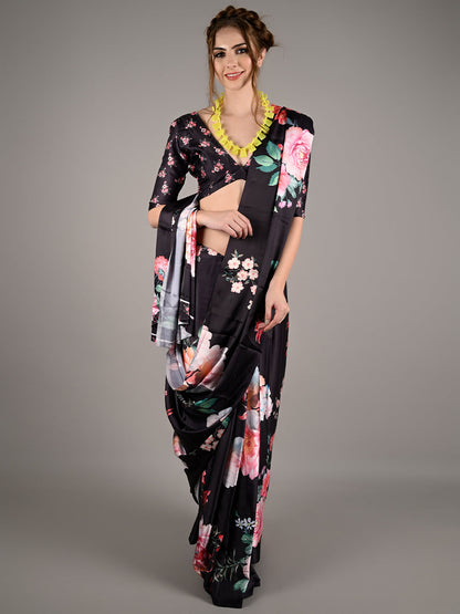 Black Soft Crepe Digital Floral Print Saree With Unstitched Blouse