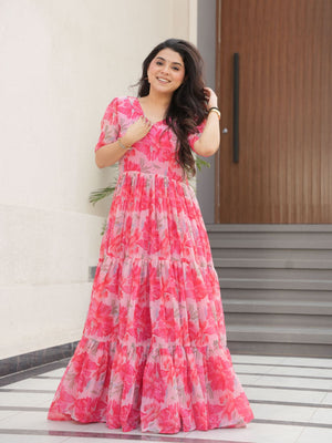 Rajwada Pink Georgette Printed Stitched Gown For Women