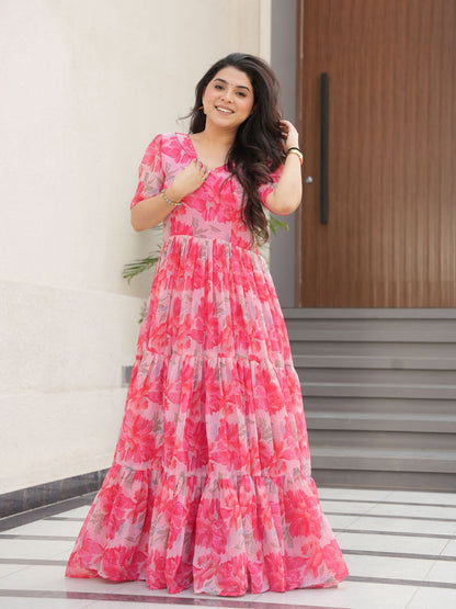 Rajwada Pink Georgette Printed Stitched Gown For Women