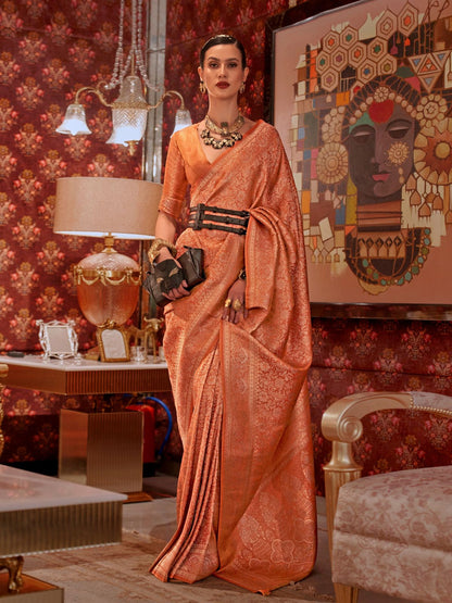 Rajwada Orange Silk Blend Woven Saree With Unstitched Blouse For Women