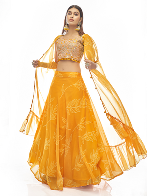 Rajwada Women Mustard Embroidered Organza Semi Stitched Lehenga With Unstitched Blouse