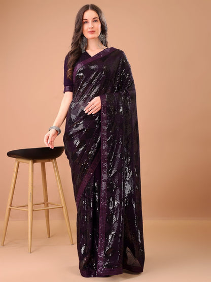 Rajwada Purple Georgette Sequin Elegant Saree For Women