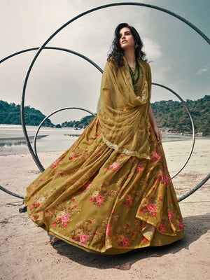 Rajwada Olive Printed Organza Semi Stitched Lehenga With Blouse For Women