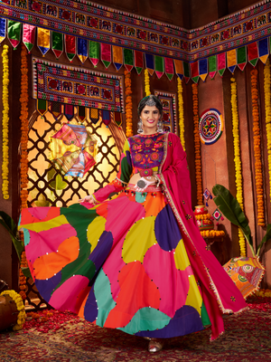 Rajwada Multicolor Cotton Blend Printed With Mirror Work Semi-Stitched lehenga For Women