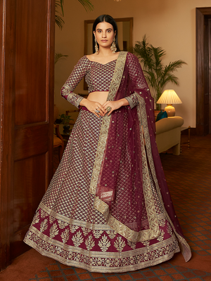 Rajwada Women Violet Embroidered Semi Stitched Lehenga With Unstitched Blouse