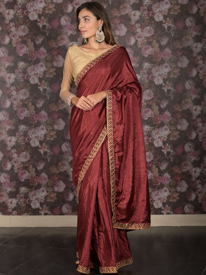 Rajwada Maroon Embroidered Silk Blend Saree with Unstitched Blouse for Women