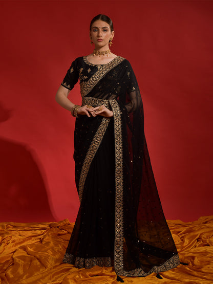 Rajwada Black Embroidered Georgette Saree With Unstitched Blouse For Women