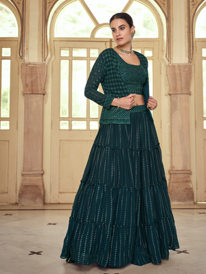 Rajwada Women Dark Green Embroidered Georgette Semi Stitched Lehenga With Unstitched Blouse