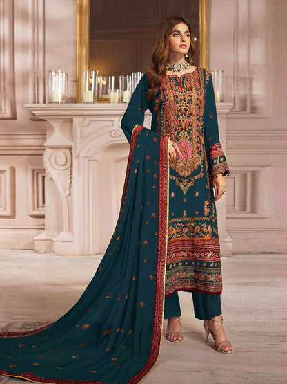Rajwada Teal Georgette Embroidered Semi Stitched Salwar Suit For Women