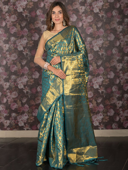 Rajwada Blue Silk Blend Woven Saree With Unstitched Blouse For Women