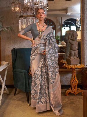 Rajwada Grey Linen Woven Saree With Unstitched Blouse for Women
