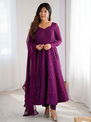 Rajwada Wine Georgette Embroidered Stitched Kurta Set For Women