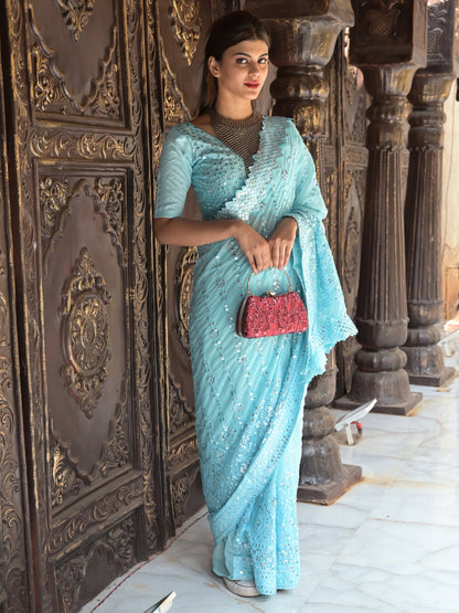 Rajwada Light Blue Sequins Embroidered Georgette Saree with Unstitched Blouse for Women