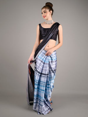 Black And Blue Silk Blend Digital Stripes Print Saree With Unstitched Blouse