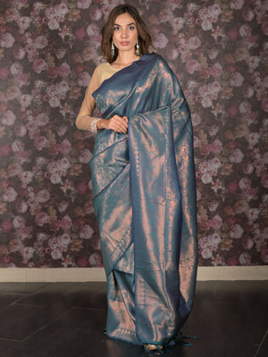 Rajwada Teal Silk Blend Woven Saree with Unstitched Blouse for Women