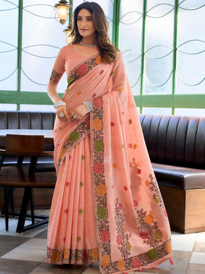Rajwada Peach Linen Blend Solid Saree For Women