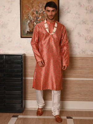 Rajwada Orange Printed Embroidered Silk Blend Traditional Kurta Set For Men