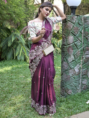 Rajwada Purple Embroidered Satin Georgette Saree with Unstitched Blouse for Women