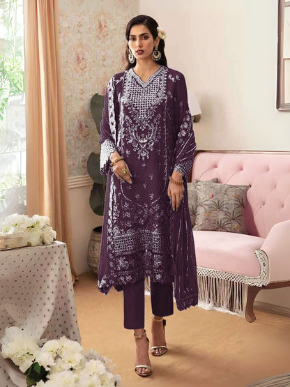 Rajwada Purple Georgette Embroidered Semi-Stitched Kurta Set For Women