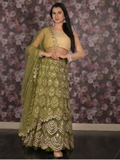 Rajwada Olive Green Embroidered Semi Stitched Net Lehenga Set With Dupatta And Unstitched Blouse For Women