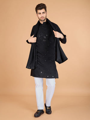 Rajwada Black Viscose Silk Embellished Stitched Kurta For Men