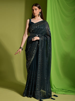 Rajwada Teal Embellished Georgette Saree With Unstitched Blouse For Women