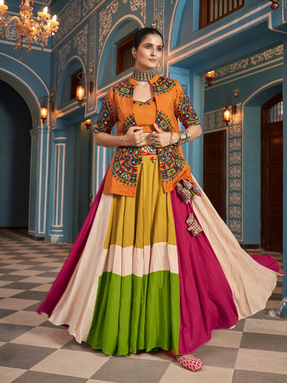Rajwada Multicolor Viscose Rayon Embroidered Stitched Lehenga Set For Women