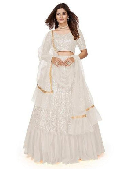 Rajwada Women Designer White Georgette Semi Stitched Lehenga With Unstitched Blouse