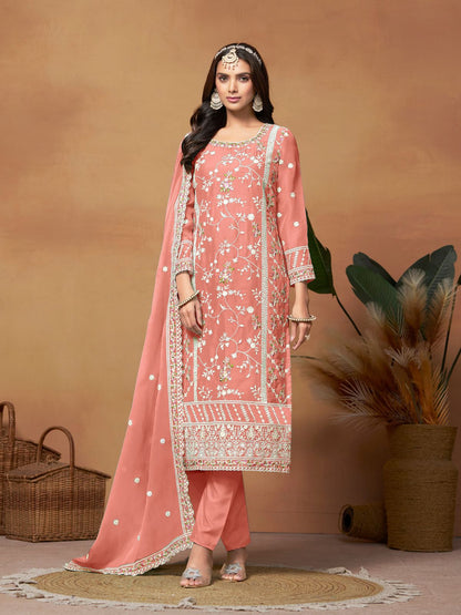 Rajwada Peach Embroidered Semi Stitched Kurta Set  For Women