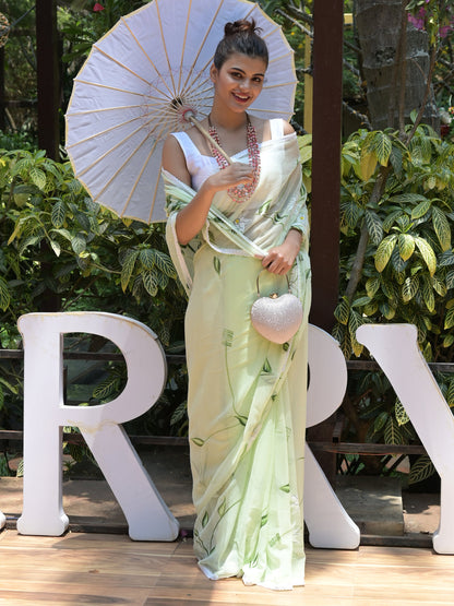 Rajwada Light Green Printed Chiffon Saree with Unstitched Blouse for Women