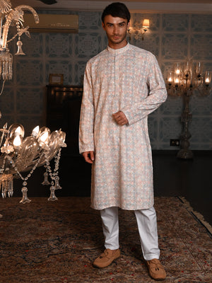 Rajwada Peach Embroidered Cotton Traditional Kurta Set For Men