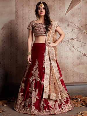 Rajwada Women Maroon Embroidered Semi Stitched Lehenga With Unstitched Blouse