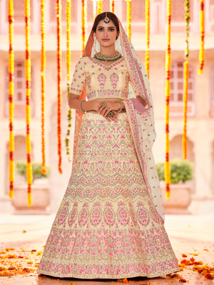 Rajwada Women Beige Embroidered Crepe Semi Stitched Lehenga With Unstitched Blouse
