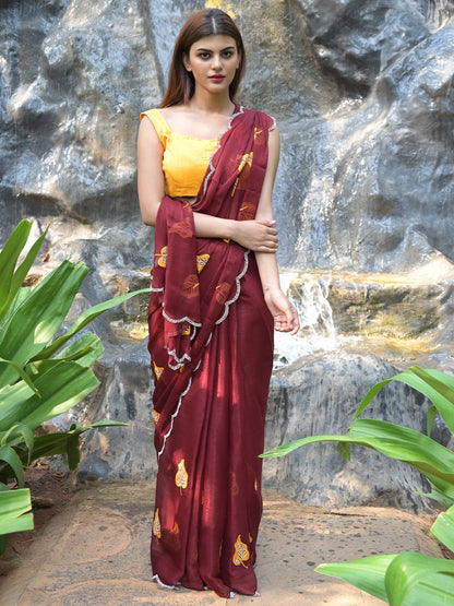 Rajwada Maroon Embroidered Chiffon Silk Saree with Unstitched Blouse for Women
