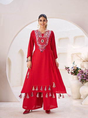 Rajwada Red Rayon Embroidered Stitched Kurta Set For Women