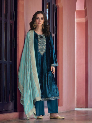 Rajwada Teal Velvet Embroidery Semi-Stitched Kurta Set For Women