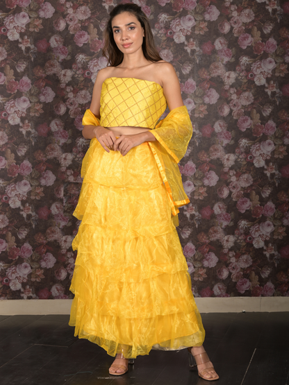 Rajwada Bright Yellow Net Semi-Stitched Lehenga with Embroidered Unstitched Blouse for Women