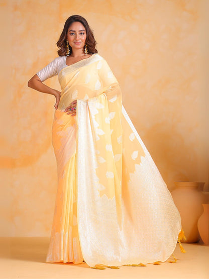 Rajwada Yellow Georgette Woven Design Saree With Unstitched Blouse For Women