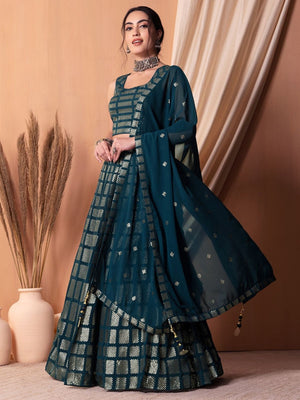 Rajwada Teal Georgette Embellished Semi-Stitched Lehenga For Women