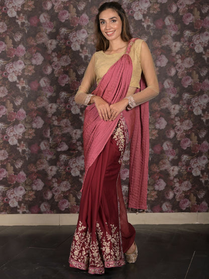 Rajwada Maroon Embroidered Crepe Saree With Unstitched Blouse For Women