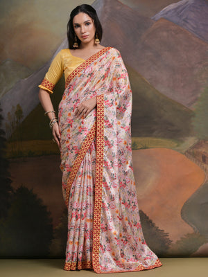 Rajwada Pink Printed Chiffon Saree With Unstitched Blouse For Women