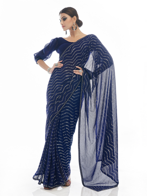 Rajwada Women Dark Blue Georgette Saree With Unstitched Blouse