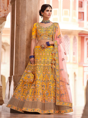 Rajwada Women Mustard Swarovski Embroidered Crepe Semi Stitched Lehenga With Unstitched Blouse