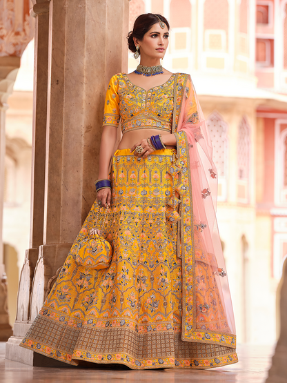 Rajwada Women Mustard Swarovski Embroidered Crepe Semi Stitched Lehenga With Unstitched Blouse