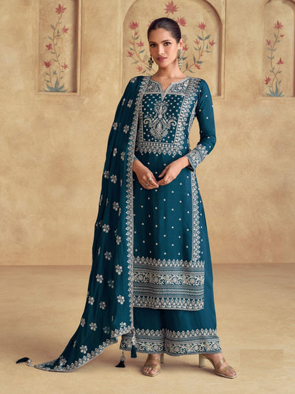 Rajwada Teal Georgette Embroidered Semi-Stitched Kurta Set For Women