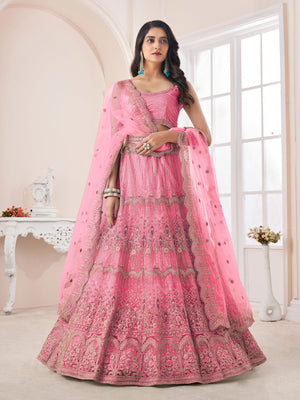 Rajwada Pink Net Embroidered Semi Stitched Lehenga With Unstitched Blouse for Women