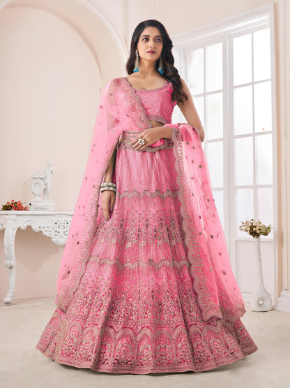 Rajwada Pink Net Embroidered Semi Stitched Lehenga With Unstitched Blouse for Women